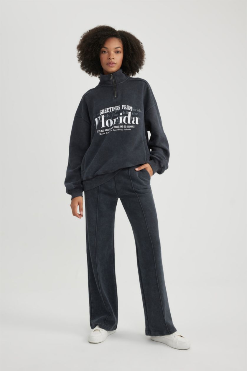 WOMAN Anthracite Half Zipper Printed Thick Fabric Washable Effect Sweatshirt