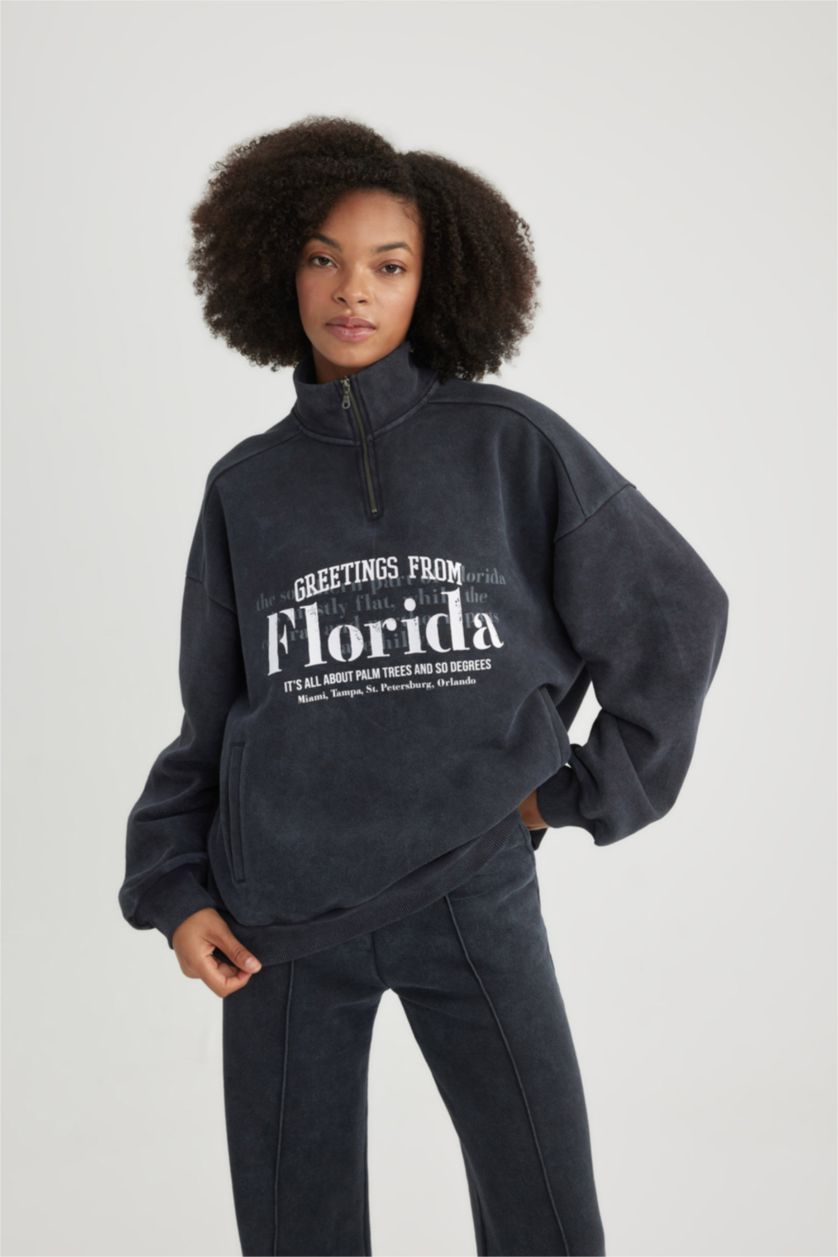 WOMAN Anthracite Half Zipper Printed Thick Fabric Washable Effect Sweatshirt