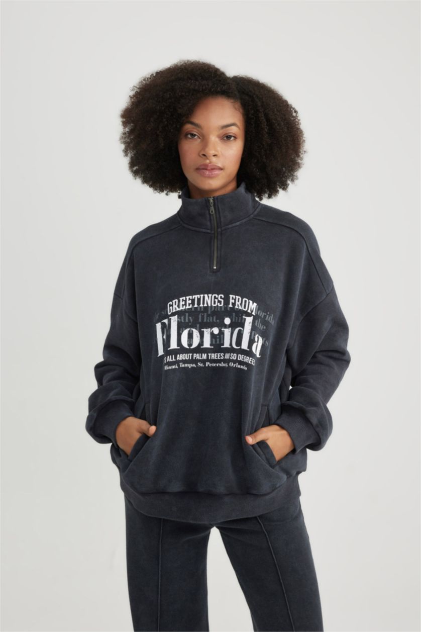 WOMAN Anthracite Half Zipper Printed Thick Fabric Washable Effect Sweatshirt