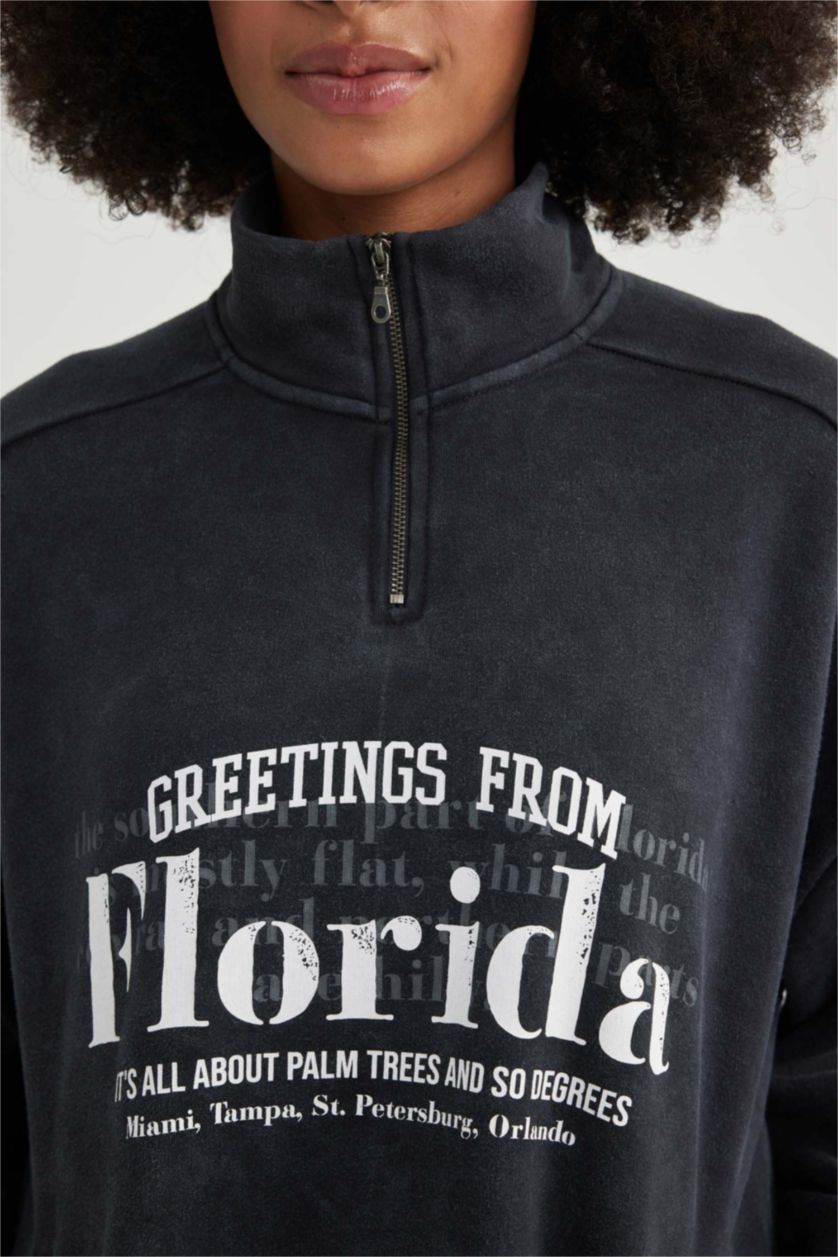 WOMAN Anthracite Half Zipper Printed Thick Fabric Washable Effect Sweatshirt