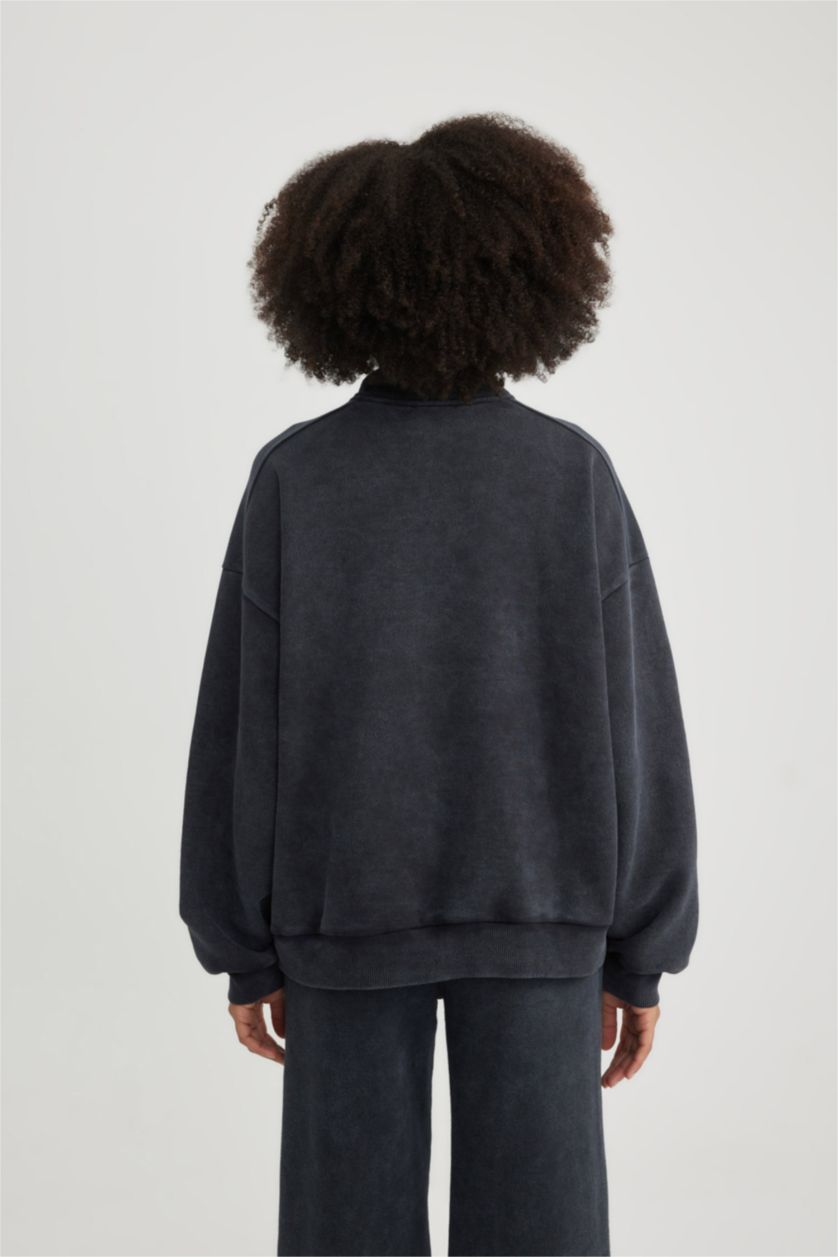 WOMAN Anthracite Half Zipper Printed Thick Fabric Washable Effect Sweatshirt