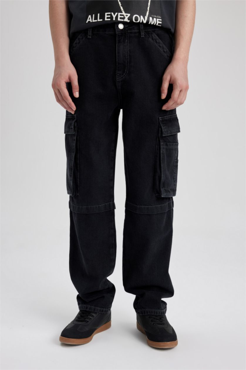 HOMME Noir Pantalon en Jean large à Coupe Relax avec poches