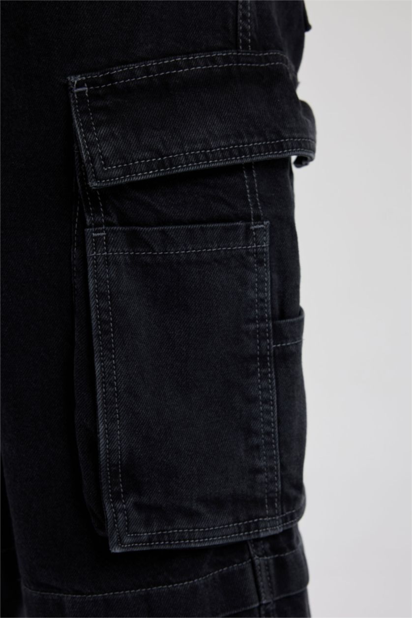 HOMME Noir Pantalon en Jean large à Coupe Relax avec poches