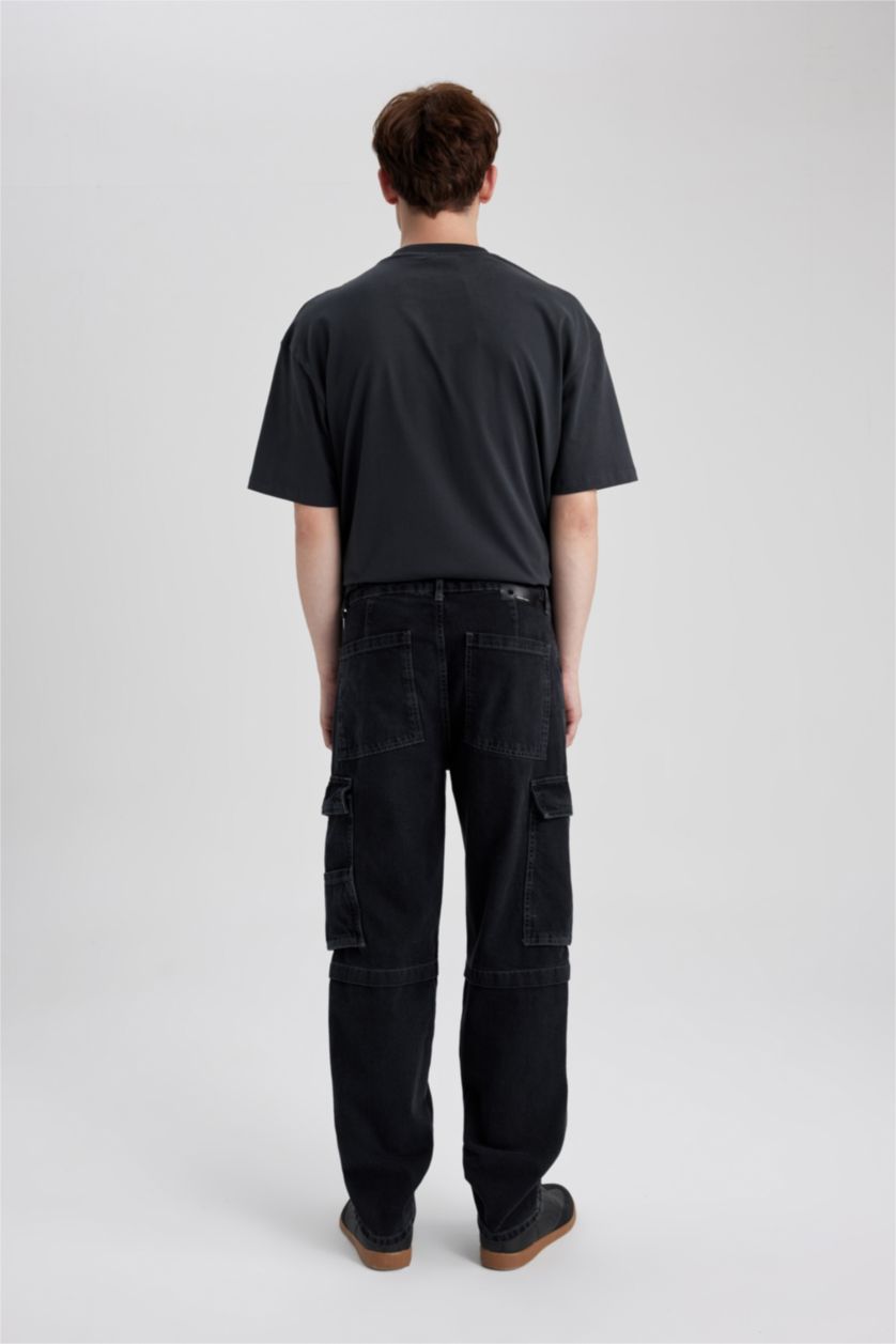 HOMME Noir Pantalon en Jean large à Coupe Relax avec poches