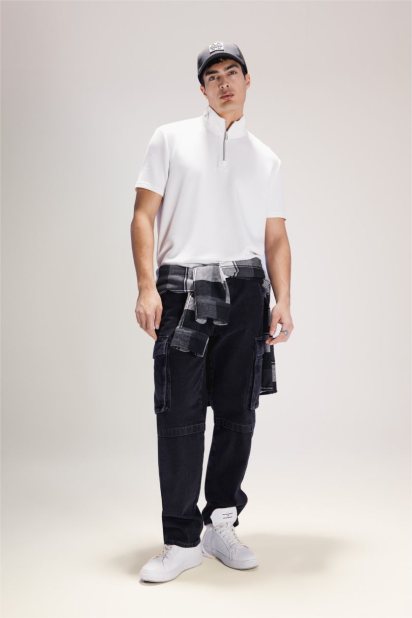 HOMME Noir Pantalon en Jean large à Coupe Relax avec poches