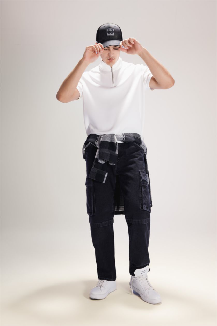 HOMME Noir Pantalon en Jean large à Coupe Relax avec poches