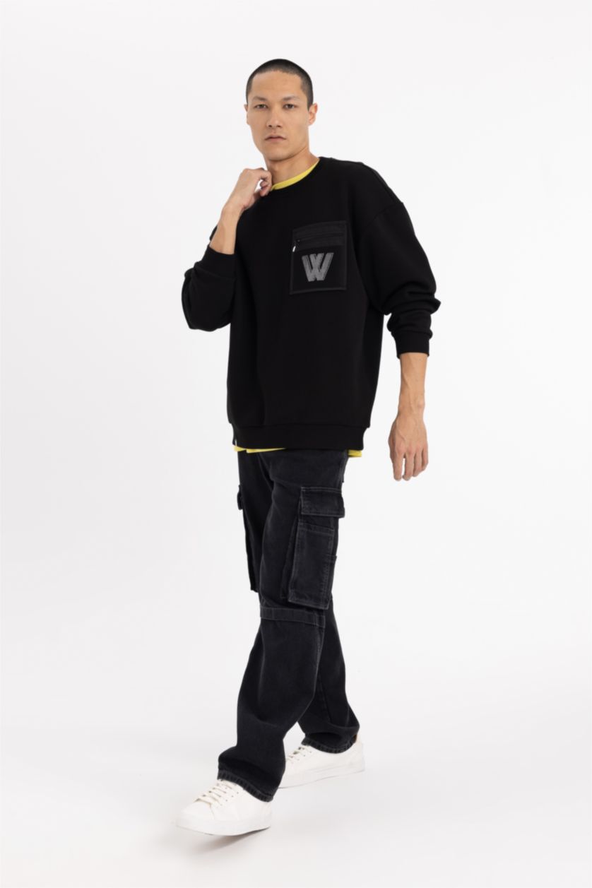 رجال أسود سويت شيرت اوفر سايز بياخة مستديرة