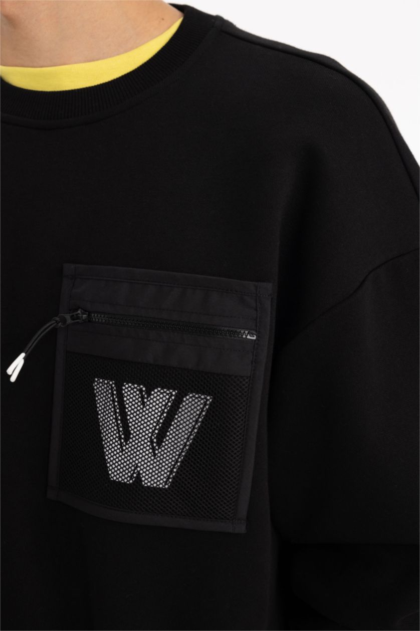 رجال أسود سويت شيرت اوفر سايز بياخة مستديرة