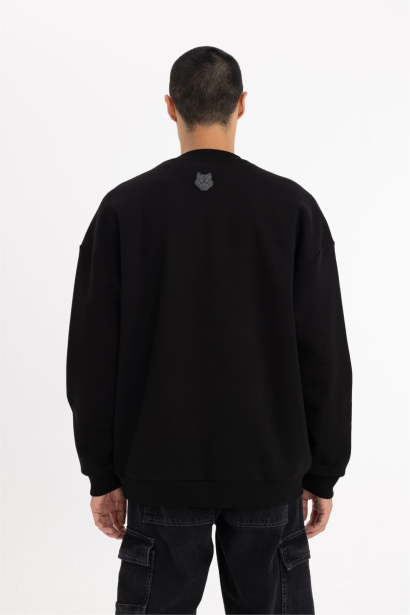 رجال أسود سويت شيرت اوفر سايز بياخة مستديرة