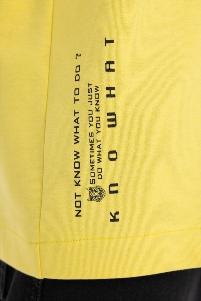 Erkek Sarı Loose Fit Bisiklet Yaka Cepli Baskılı Kısa Kollu Ağır Kumaş Tişört