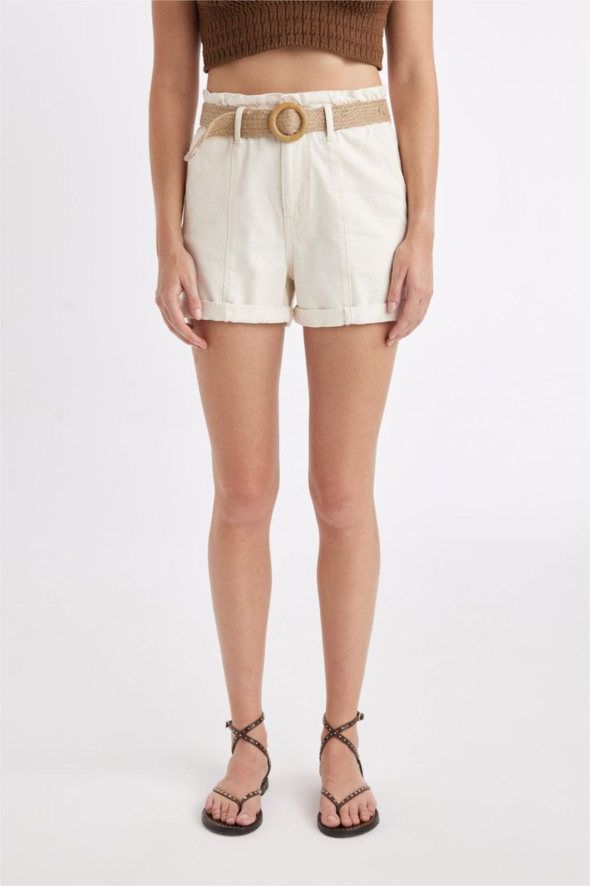 Woman White Paperbag High Waist Fold-Ankle Denim Shorts
