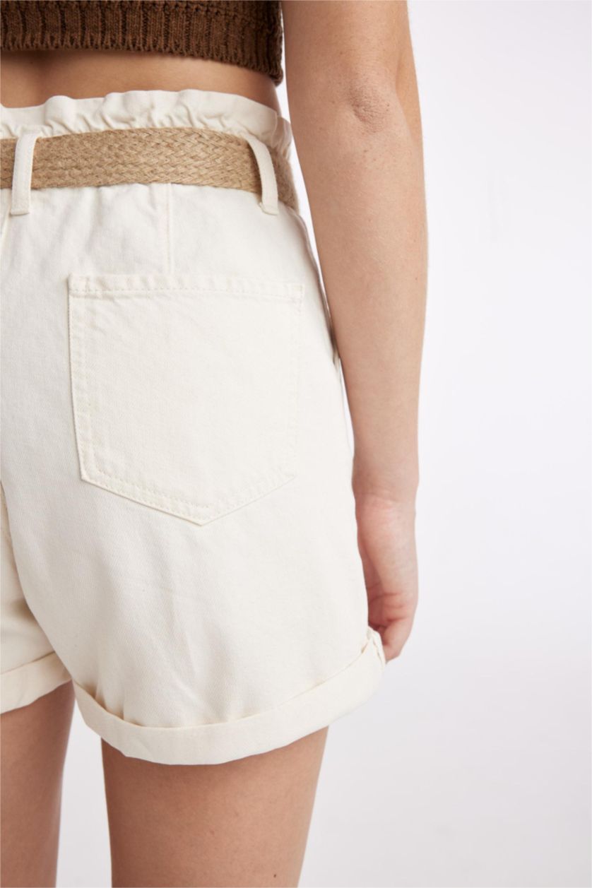 Woman White Paperbag High Waist Fold-Ankle Denim Shorts