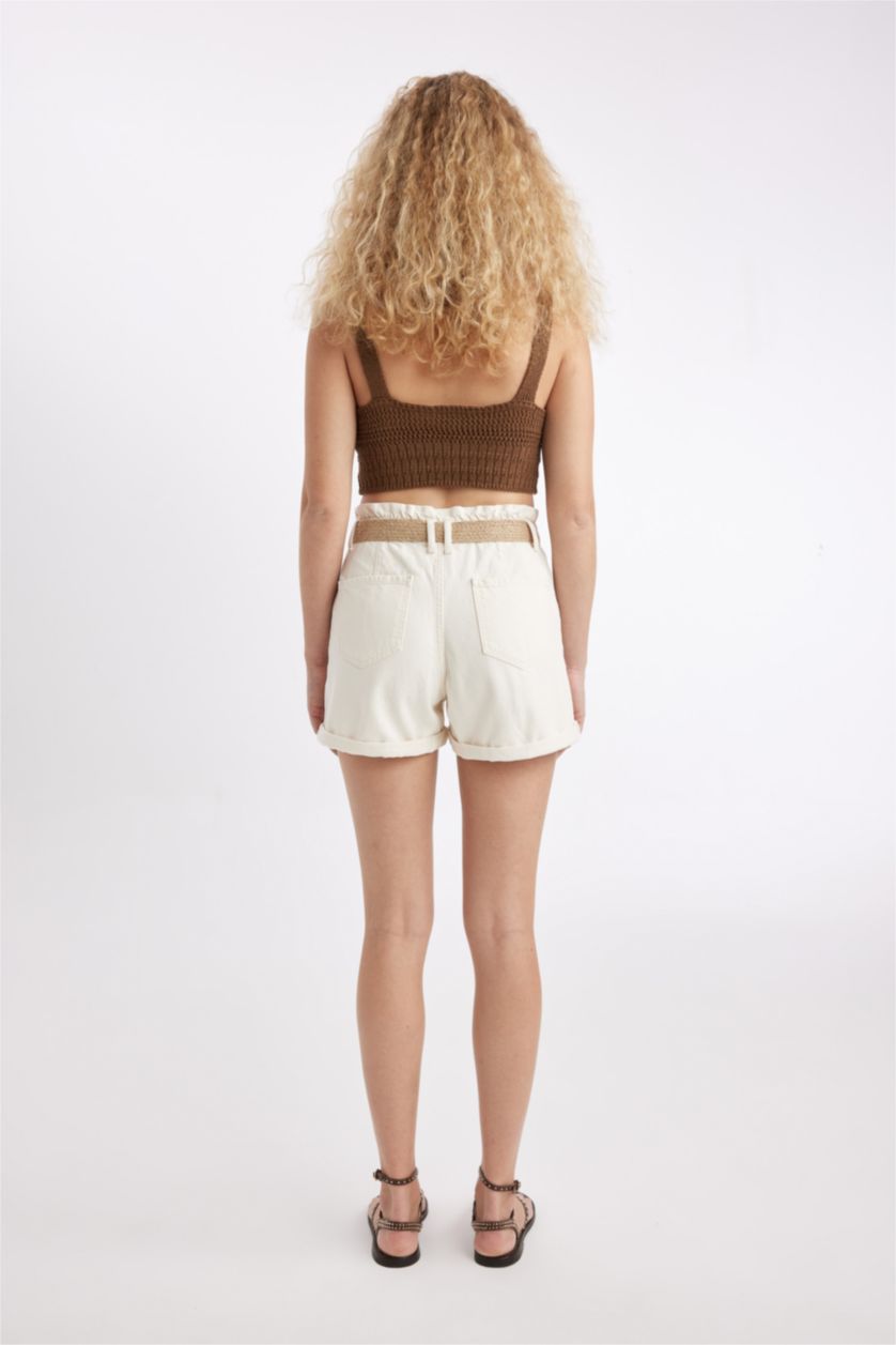 Woman White Paperbag High Waist Fold-Ankle Denim Shorts