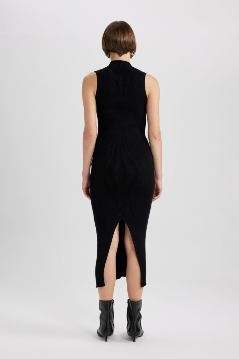 حريمي أسود فستان ميدي أسود سليم فيت بنص رقبة مدورة