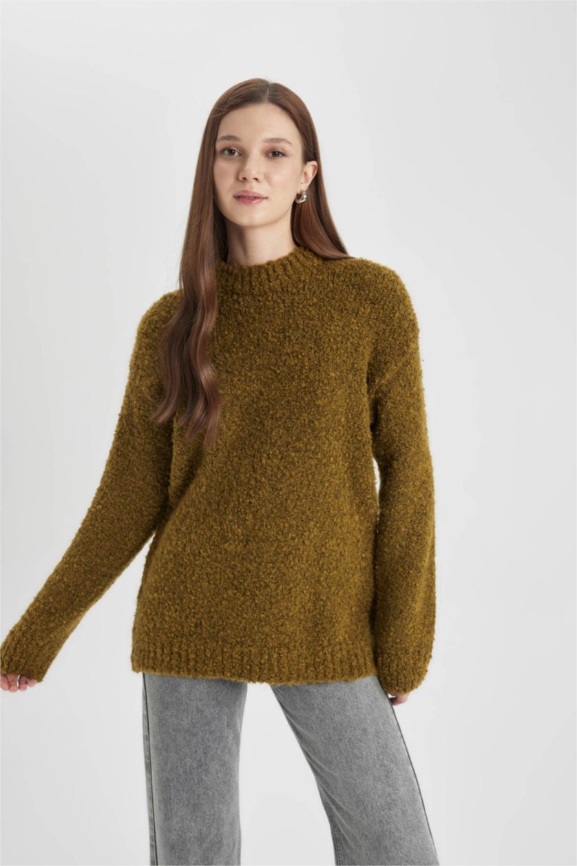 WOMAN Green Melange Regular Fit Half Turtleneck Basic Knitted Pullover Tunic