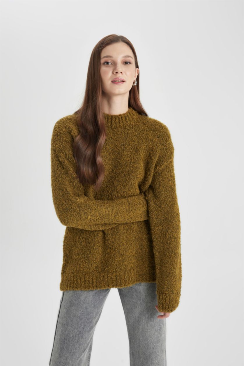 WOMAN Green Melange Regular Fit Half Turtleneck Basic Knitted Pullover Tunic