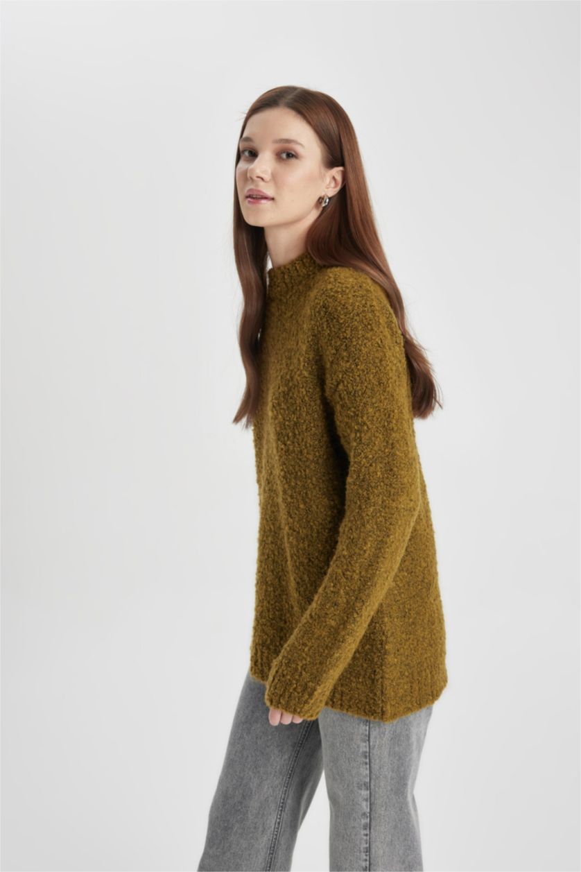 WOMAN Green Melange Regular Fit Half Turtleneck Basic Knitted Pullover Tunic