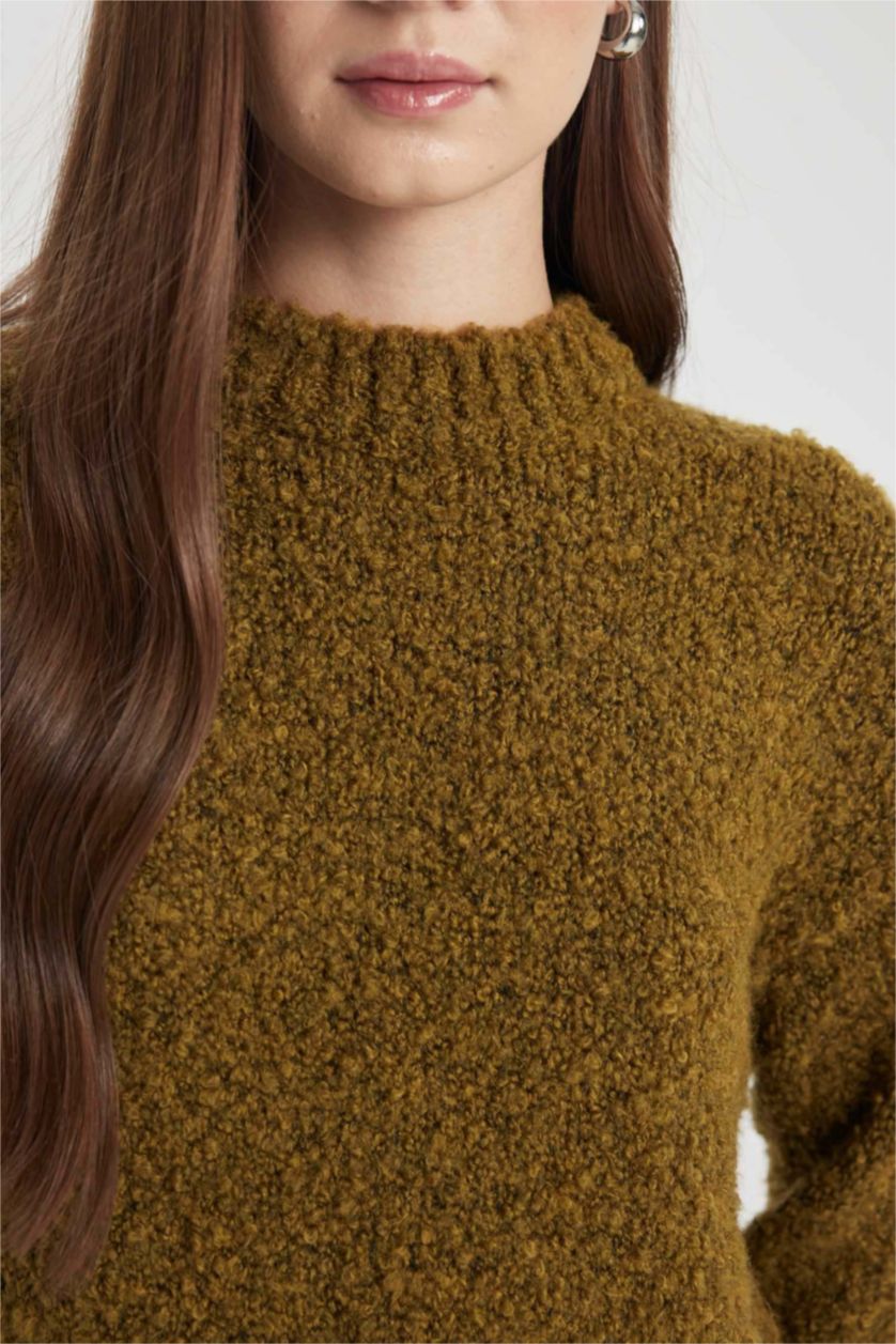 WOMAN Green Melange Regular Fit Half Turtleneck Basic Knitted Pullover Tunic