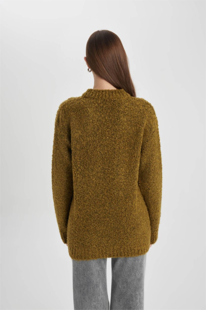 WOMAN Green Melange Regular Fit Half Turtleneck Basic Knitted Pullover Tunic