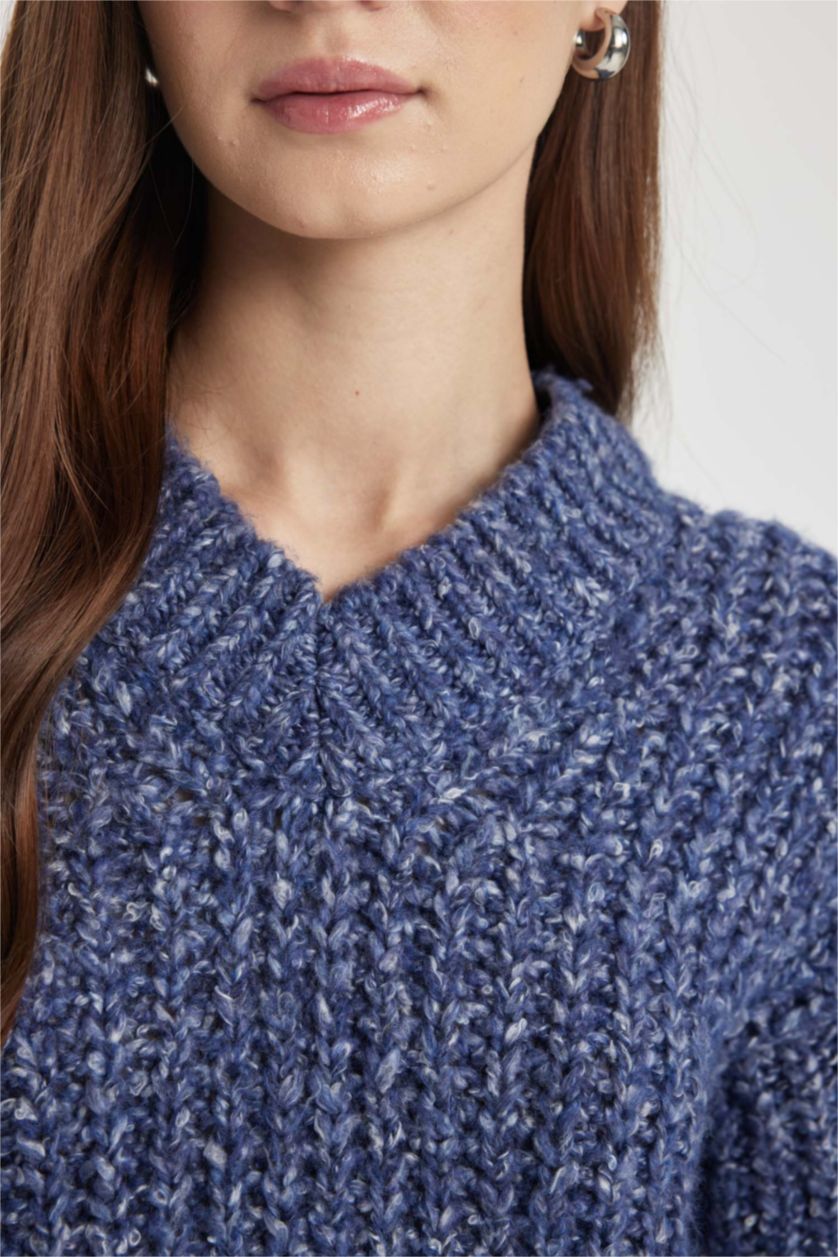 حريمي أزرق بلوفر طويل قصة عادية وياقة مستديرة