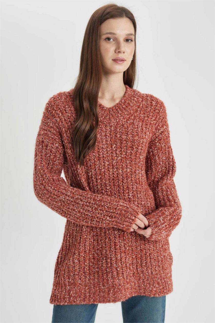 نساء أحمر فاتح بلوز صوف طويل قصة عادية