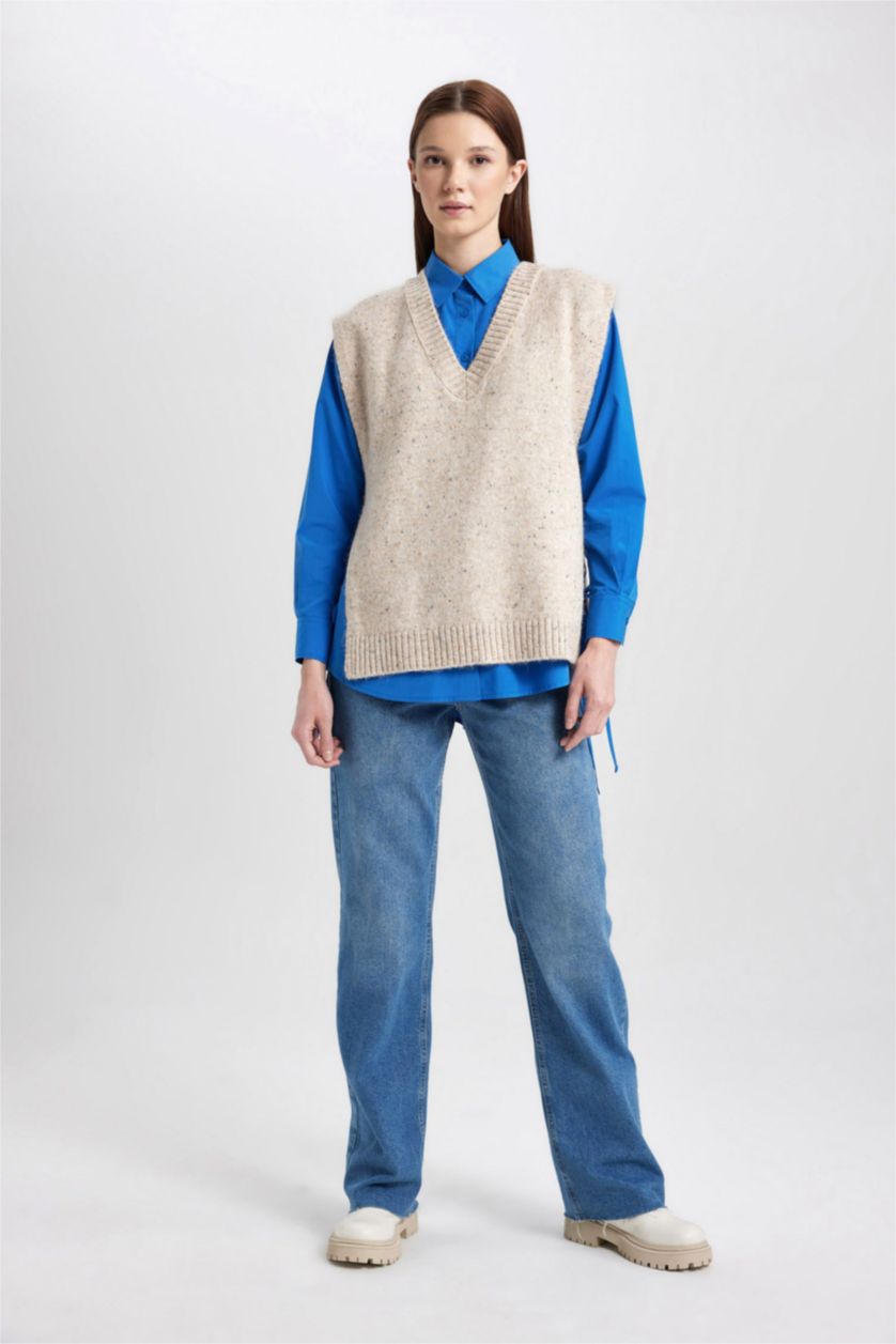 WOMAN Beige Regular Fit V-Neck Vest