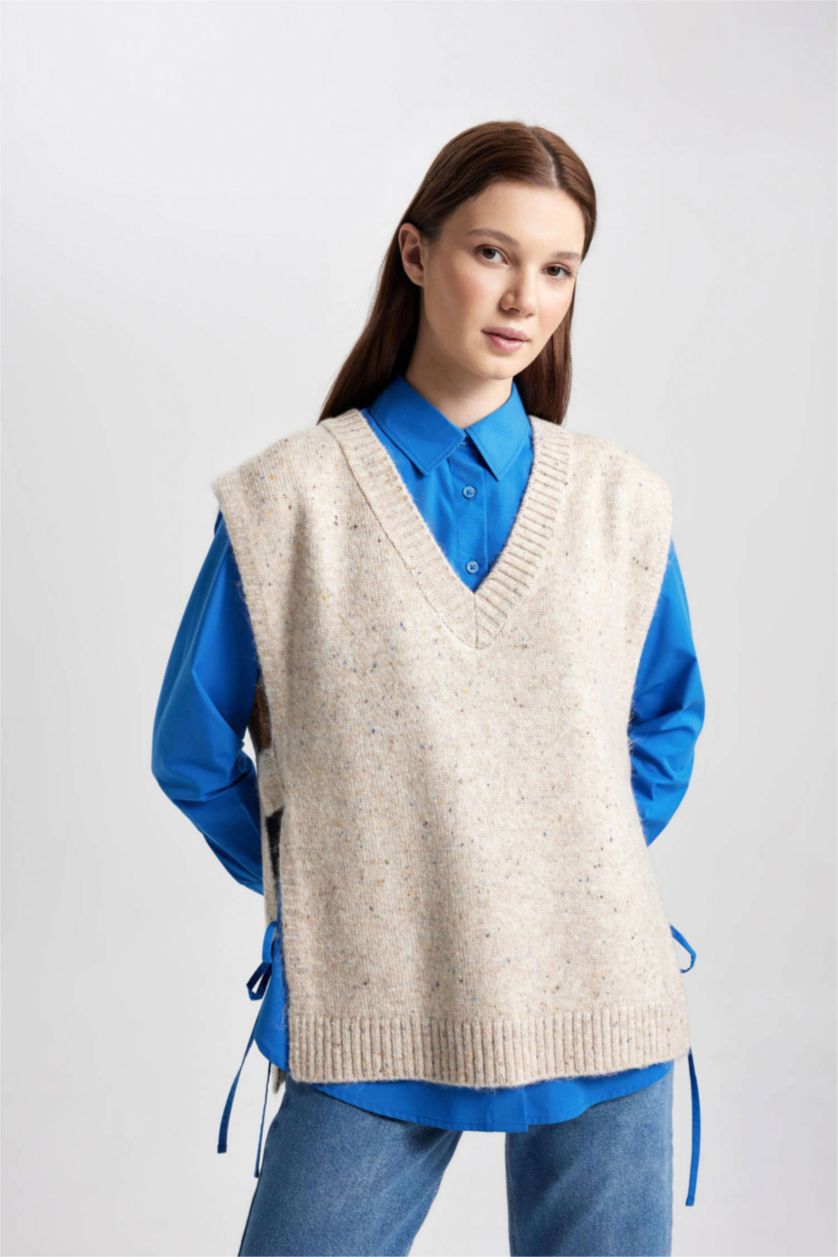 WOMAN Beige Regular Fit V-Neck Vest