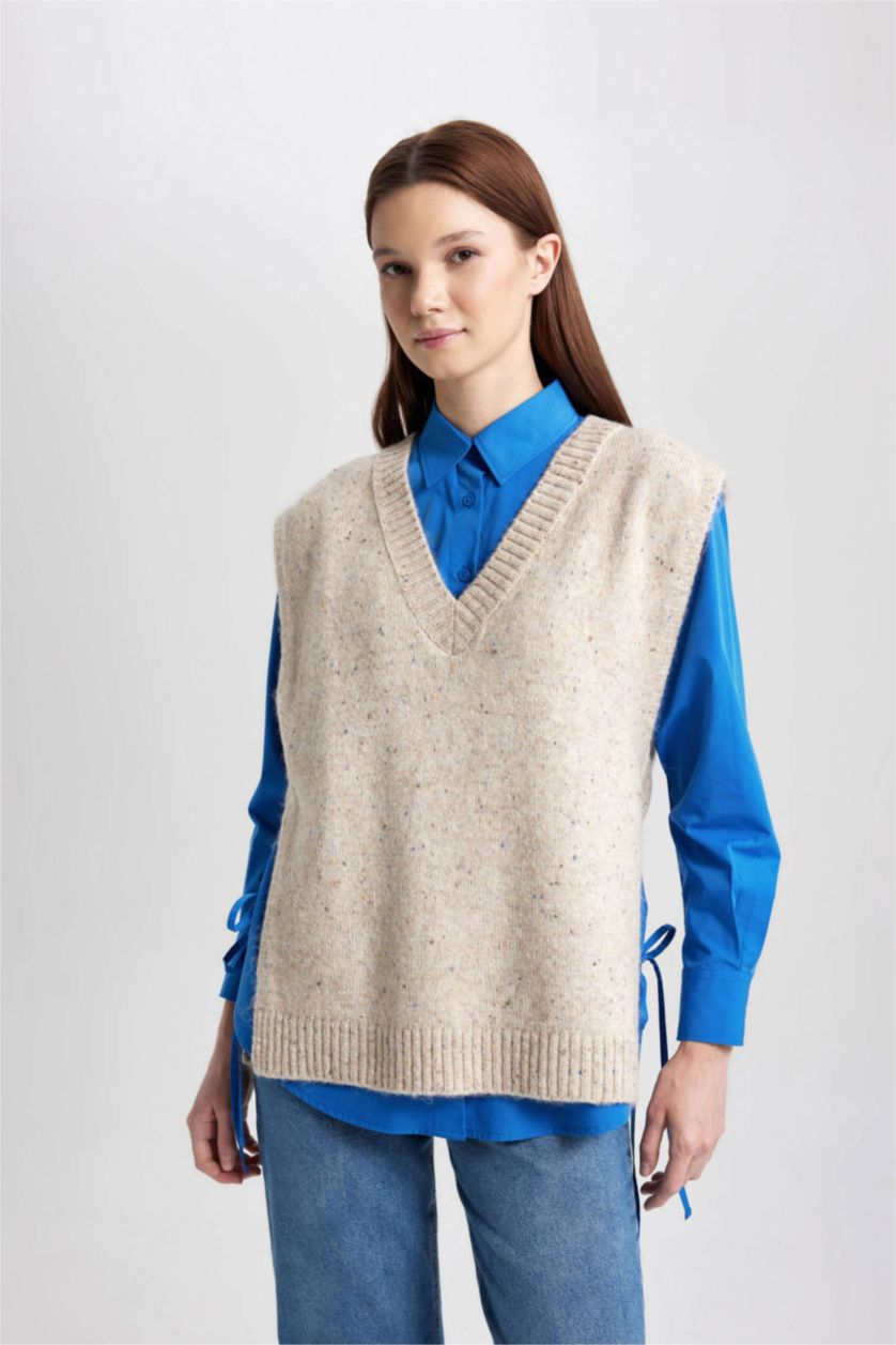 WOMAN Beige Regular Fit V-Neck Vest