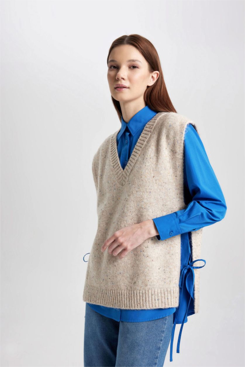 WOMAN Beige Regular Fit V-Neck Vest