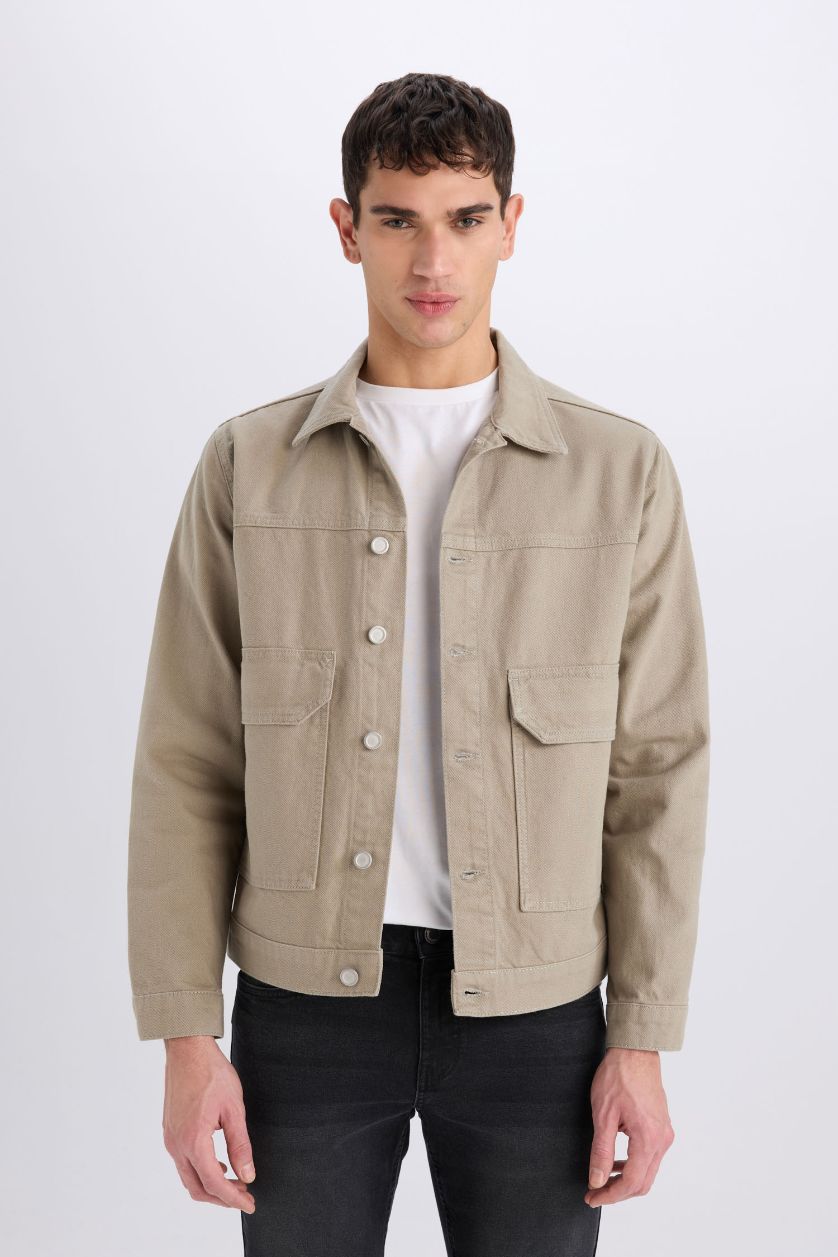 Erkek Açık Haki %100 Pamuk Slim Fit Dar Kesim Düğmeli Cepli Mevsimlik Baharlık Denim Ceket