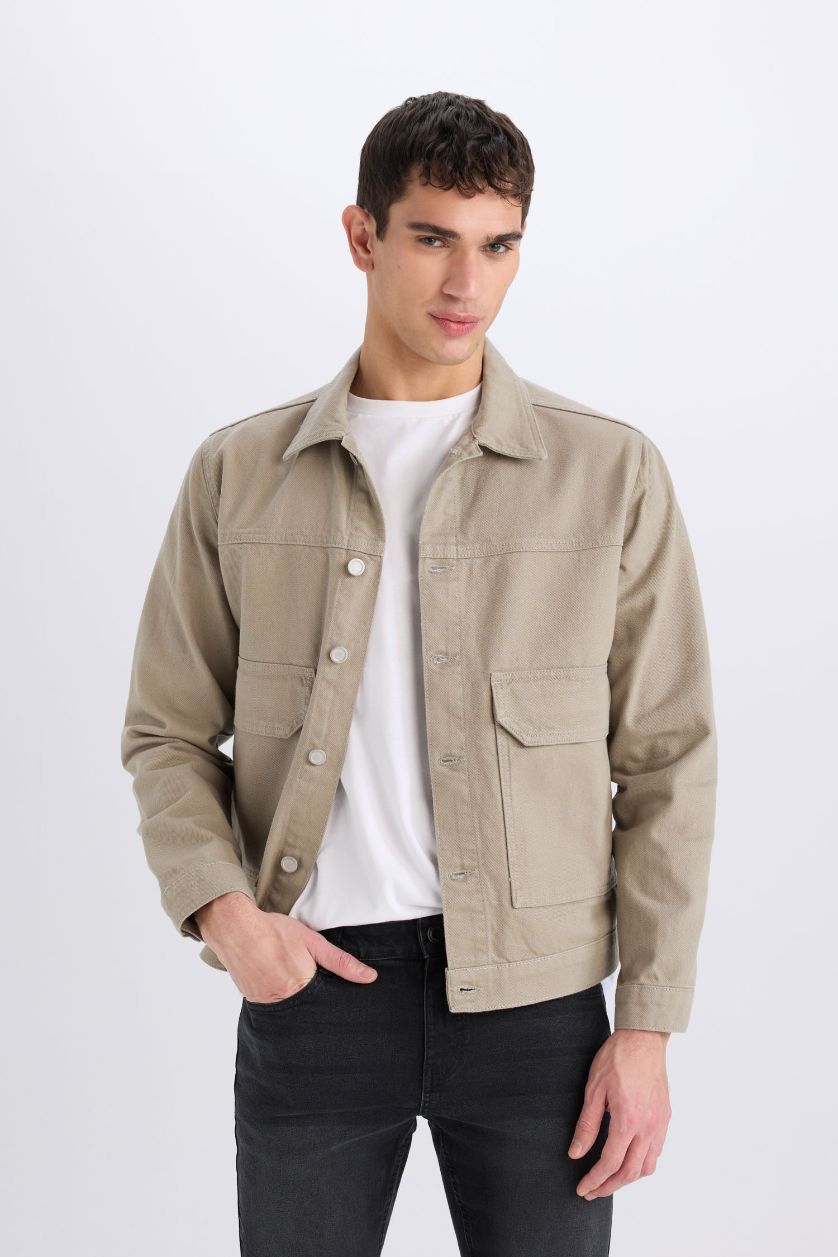 Erkek Açık Haki %100 Pamuk Slim Fit Dar Kesim Düğmeli Cepli Mevsimlik Baharlık Denim Ceket