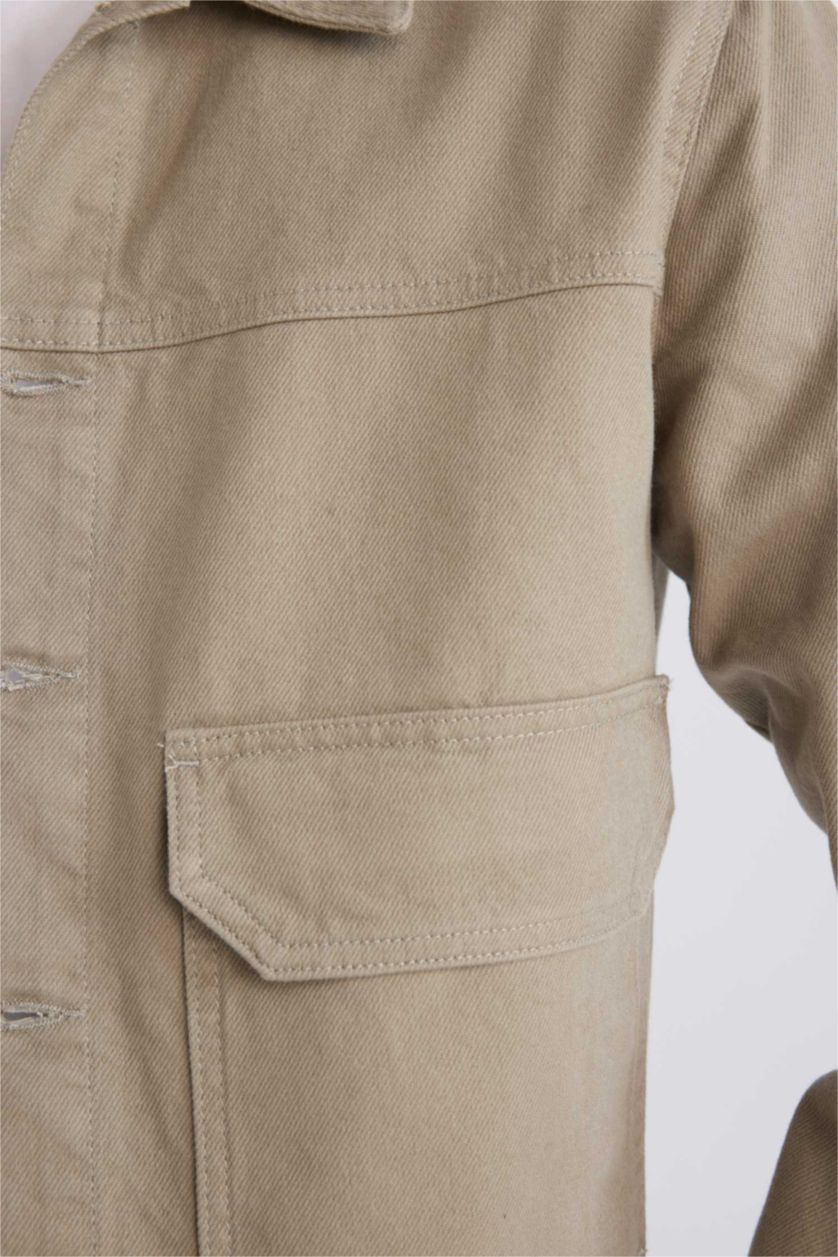 Erkek Açık Haki %100 Pamuk Slim Fit Dar Kesim Düğmeli Cepli Mevsimlik Baharlık Denim Ceket