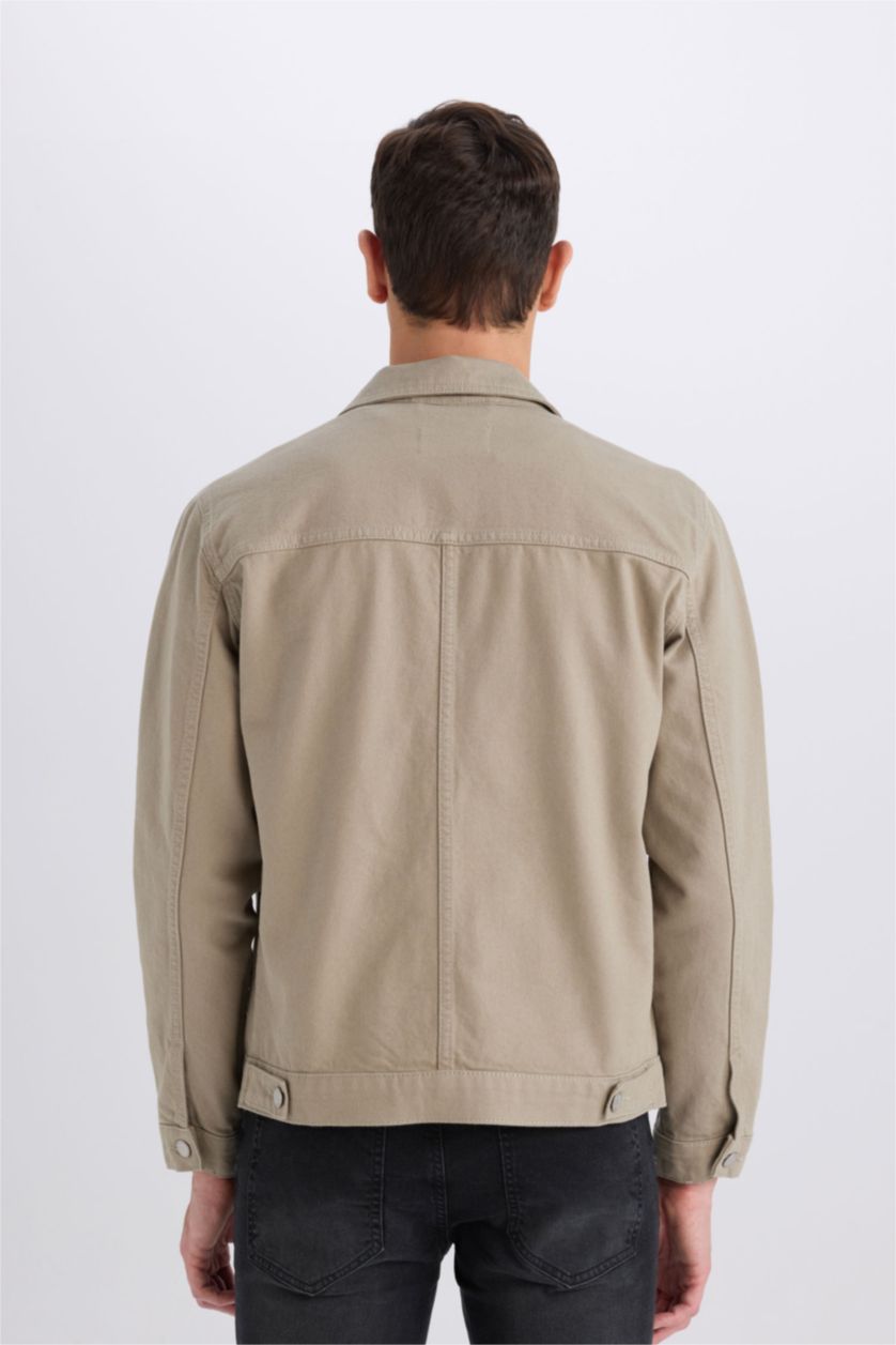 Erkek Açık Haki %100 Pamuk Slim Fit Dar Kesim Düğmeli Cepli Mevsimlik Baharlık Denim Ceket