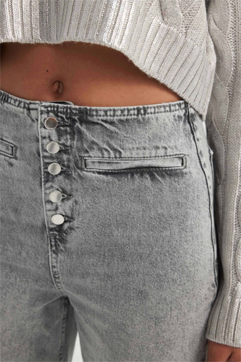 نساء رمادي بنطرون جينز وايد ليج برجل واسع وخصر عالي