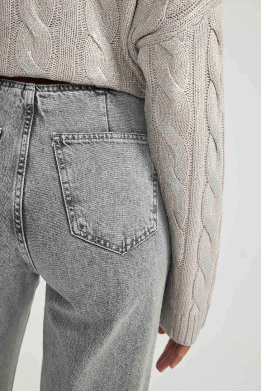 نساء رمادي بنطرون جينز وايد ليج برجل واسع وخصر عالي