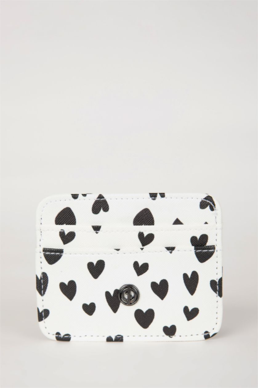 Kadın Bej Kadın Kalp Baskılı Suni Deri Kartlık