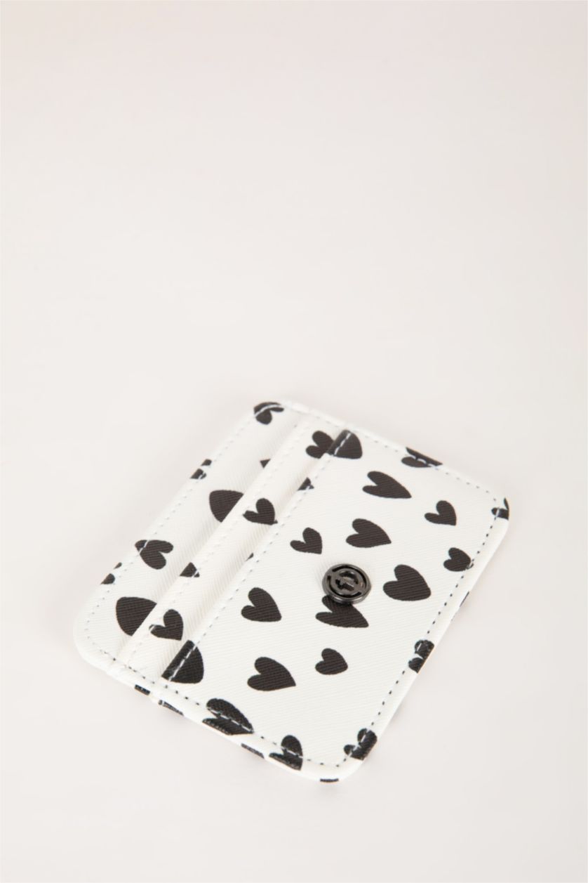 Kadın Bej Kadın Kalp Baskılı Suni Deri Kartlık