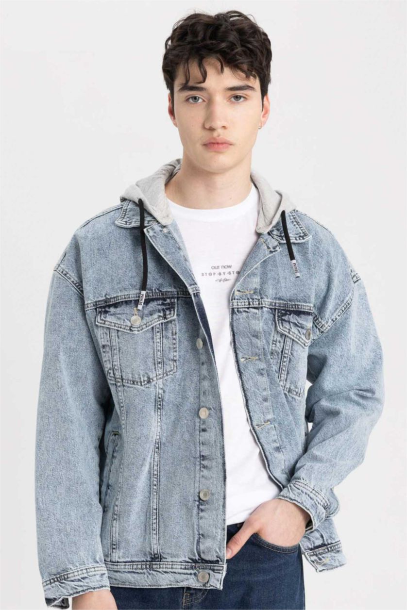 MAN Light Blue Oversize Fit Hooded Denim Jacket