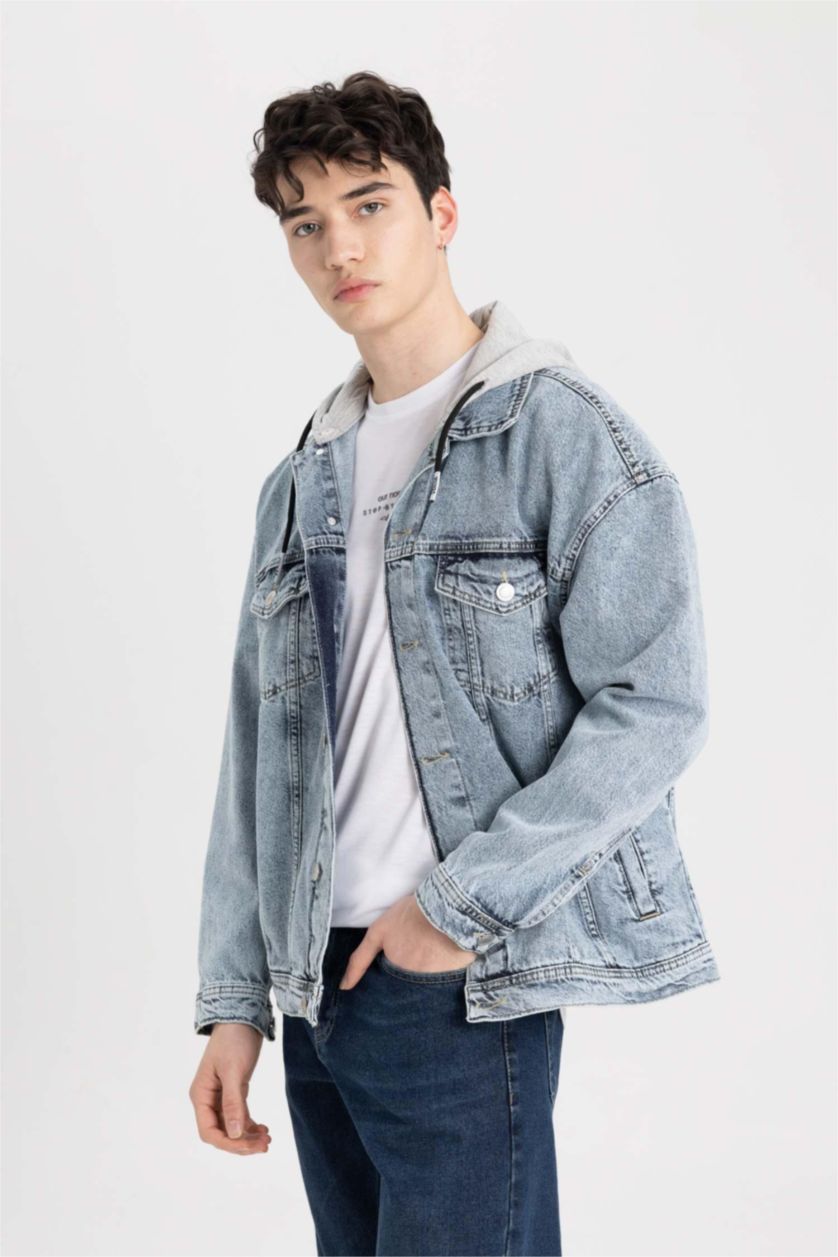 MAN Light Blue Oversize Fit Hooded Denim Jacket
