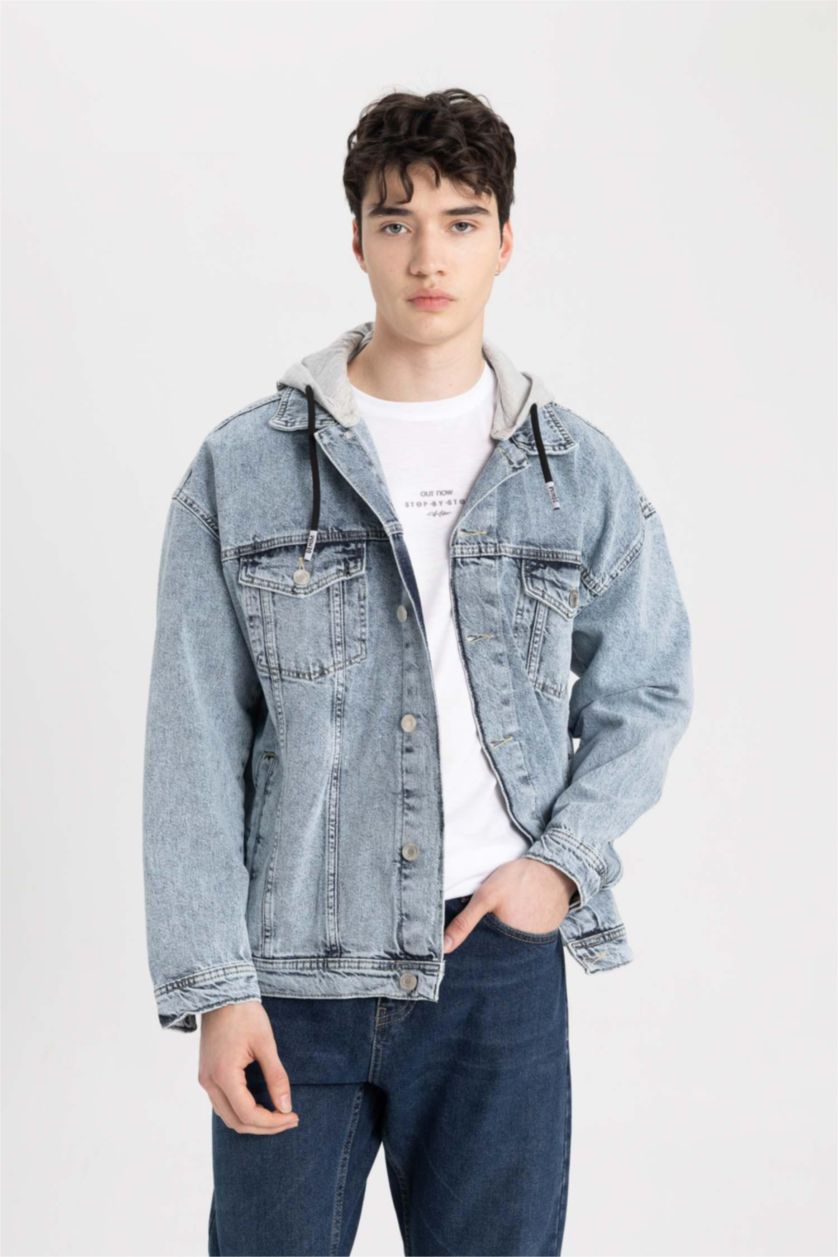 MAN Light Blue Oversize Fit Hooded Denim Jacket