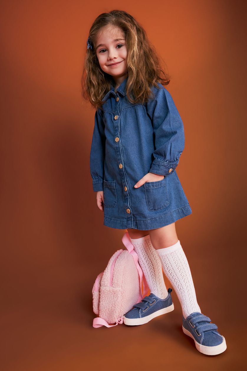 BÉBÉ FILLE Bleu Robe Jean Manches Longues Pour Bébé Fille