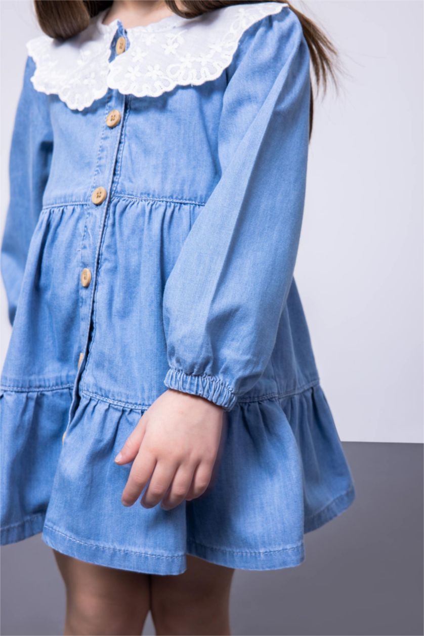 Kız Bebek Açık Mavi Kız Bebek Geniş Dantel Yaka Uzun Kollu Jean Elbise