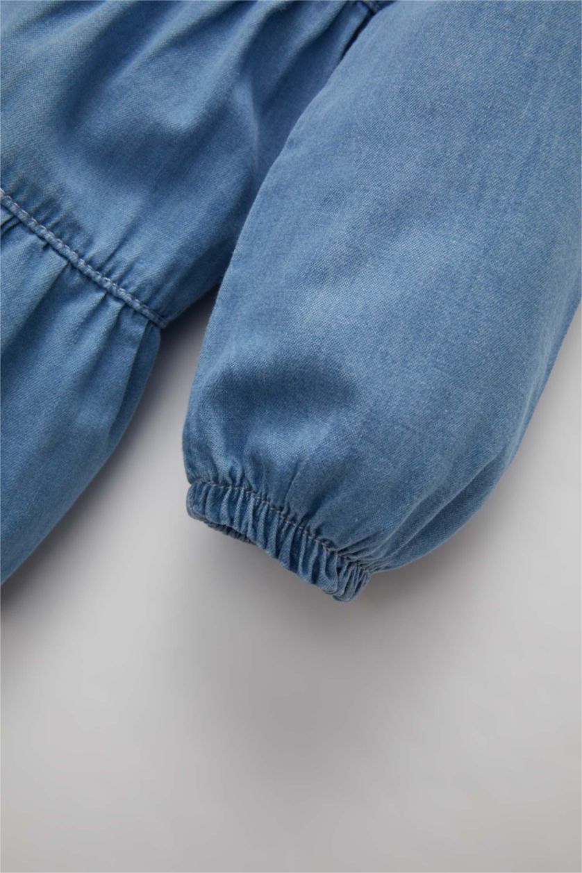 Kız Bebek Açık Mavi Kız Bebek Geniş Dantel Yaka Uzun Kollu Jean Elbise