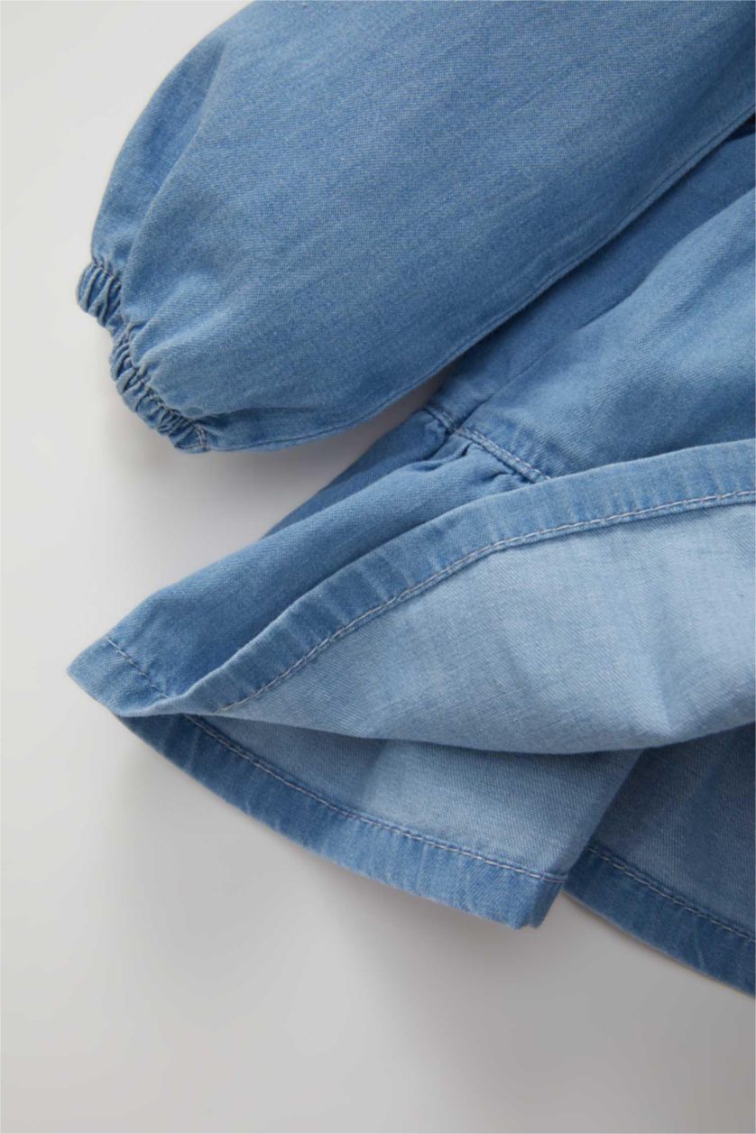 Kız Bebek Açık Mavi Kız Bebek Geniş Dantel Yaka Uzun Kollu Jean Elbise