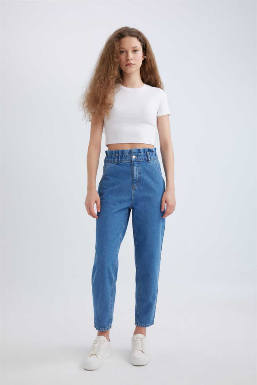 نساء أزرق بنطرون جينز بيبرباج بخصر عالي