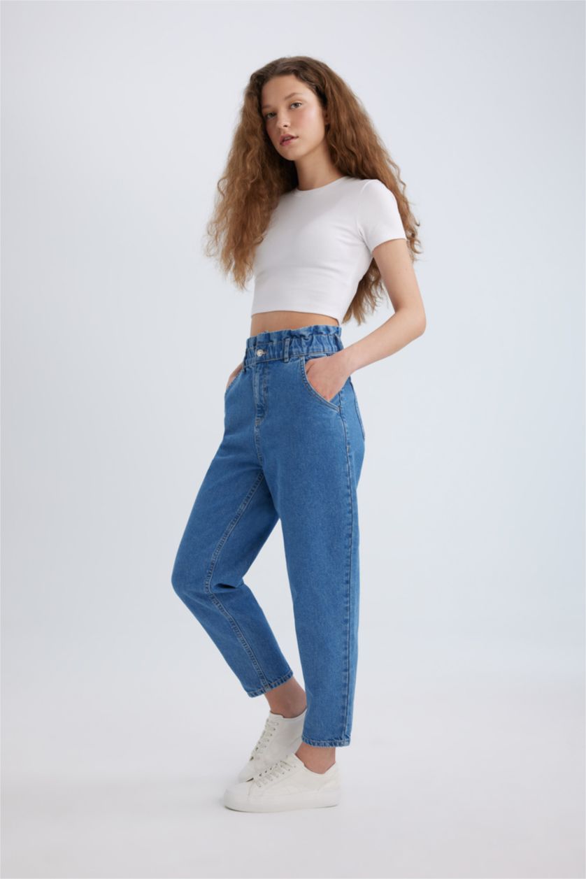 نساء أزرق بنطرون جينز بيبرباج بخصر عالي