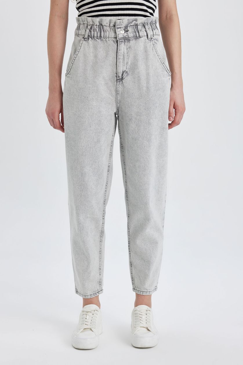Kadın Gri Paperbag Yüksek Bel Hafif Düz Paça Bilek Boy Jean Pantolon