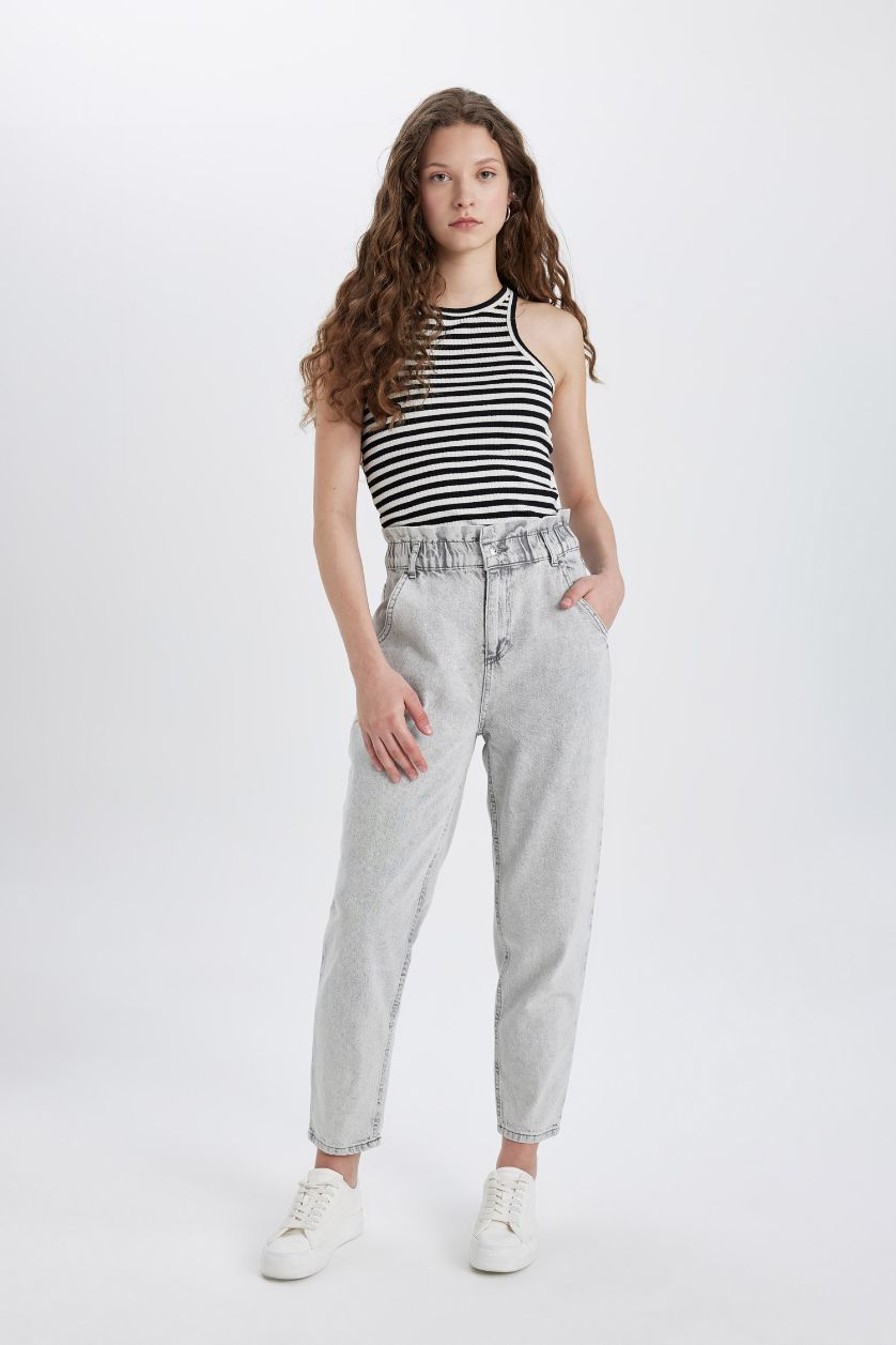 Kadın Gri Paperbag Yüksek Bel Hafif Düz Paça Bilek Boy Jean Pantolon