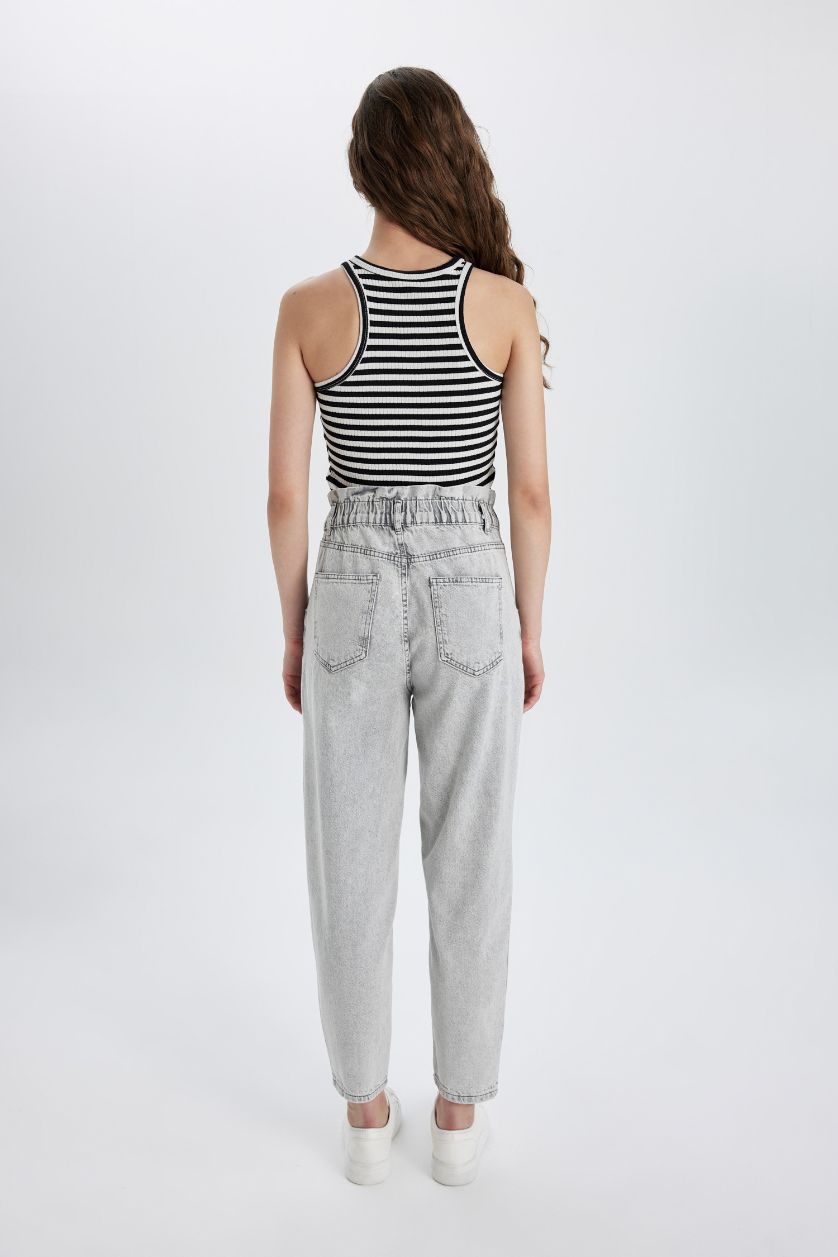 Kadın Gri Paperbag Yüksek Bel Hafif Düz Paça Bilek Boy Jean Pantolon