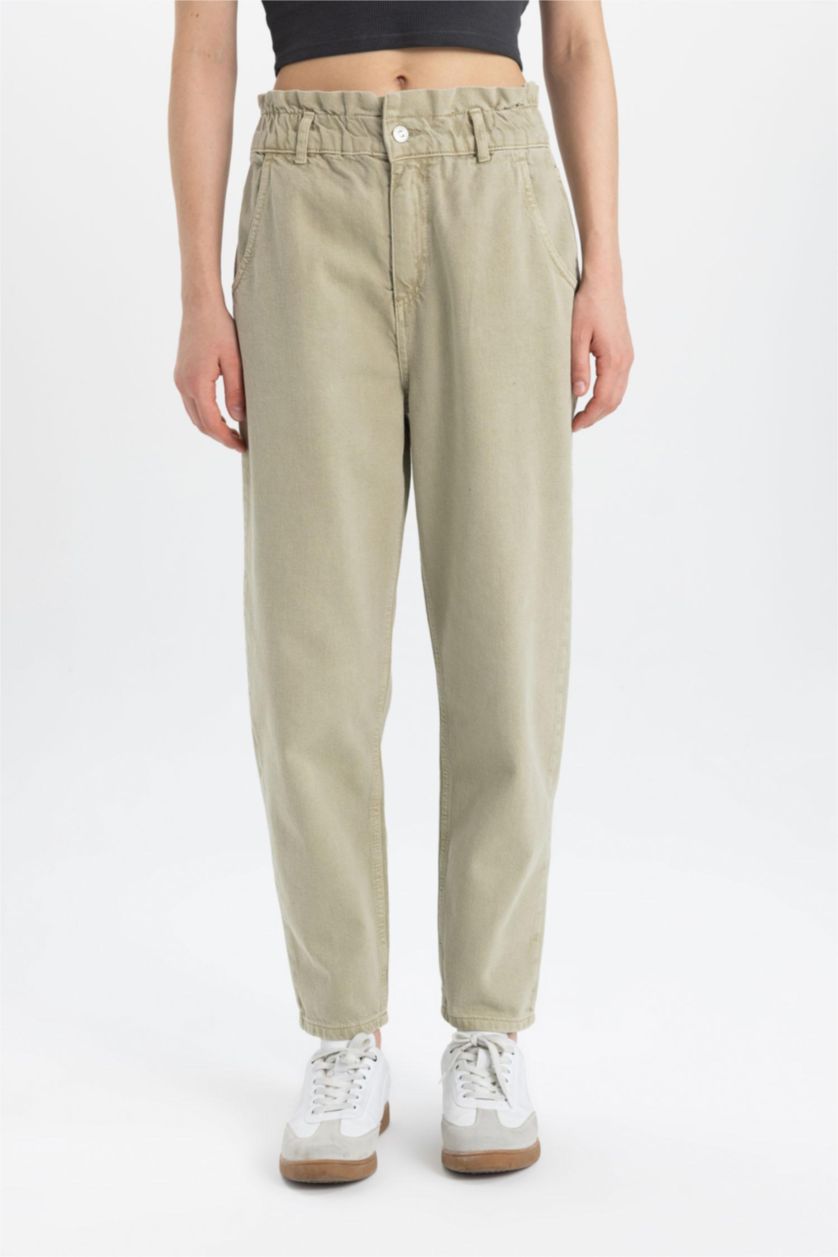 Женщины Светлый хаки Джинсы Paperbag  с высокой талией